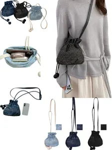 Trendy Rhinestone Denim Drawstring Bag, Soft Washed Denim Material, Adjustable Strap, Large Capacity, Millennial Style, 3 Color Options