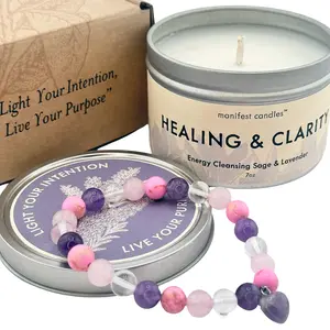 Wax & Wit 7oz Lavender & Sage Healing Candle with Crystals Bracelet - Healing Spiritual Gifts for Women and Men, Manifestation Candle