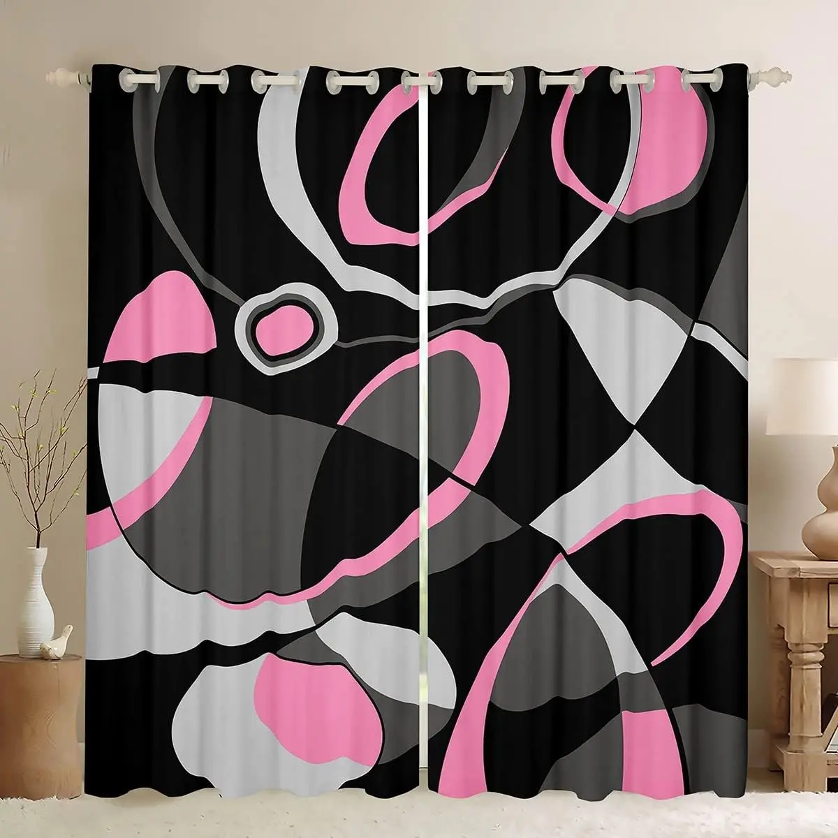Feelyou 30%-50% Light Blocking Grommet Curtain Panels - Geometric Abstract Print Drapes, Durable Multi-Size 38x45 Room Decor Window Treatments with Retro Circles, Abstract Swirls, Flat Weave (Pink/Grey/Black), Blackout Covers
