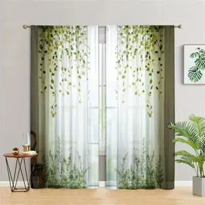 2 pieces, 2D flat, green leaf print curtains, translucent design, modern plant pattern with rod mouth, for living room, bedroom, balcony, window privacy protection, easy care, suitable for Christmas decoration, Home Decoration Curtain