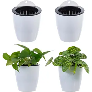 5 Inch Wall Mounted Modern White Plastic Self Watering Planter Pots, Small  Double Layer Wall Planter, Tabletop Mini  Container for  Succulent Cactus Flower, Set of 4
