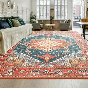 Ultra Luxurious Red Cashmere imitation Vintage Printed Area Rug ,home decor rug, indoor rug, Washable & Stain-Resistant Carpet for Living Room, Bedroom,Kitchen, Entryway -Vintage Print Design with Non-Slip Backing,
