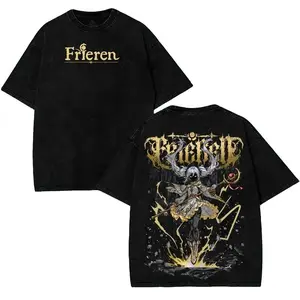 Unisex Frieren Beyond Journey's End Wizard Magic v8 Graphic T-Shirt, Cotton Streetwear Top, Menswear Clothes with Short Sleeve & Pocket Washed Anime Manga Game Tee