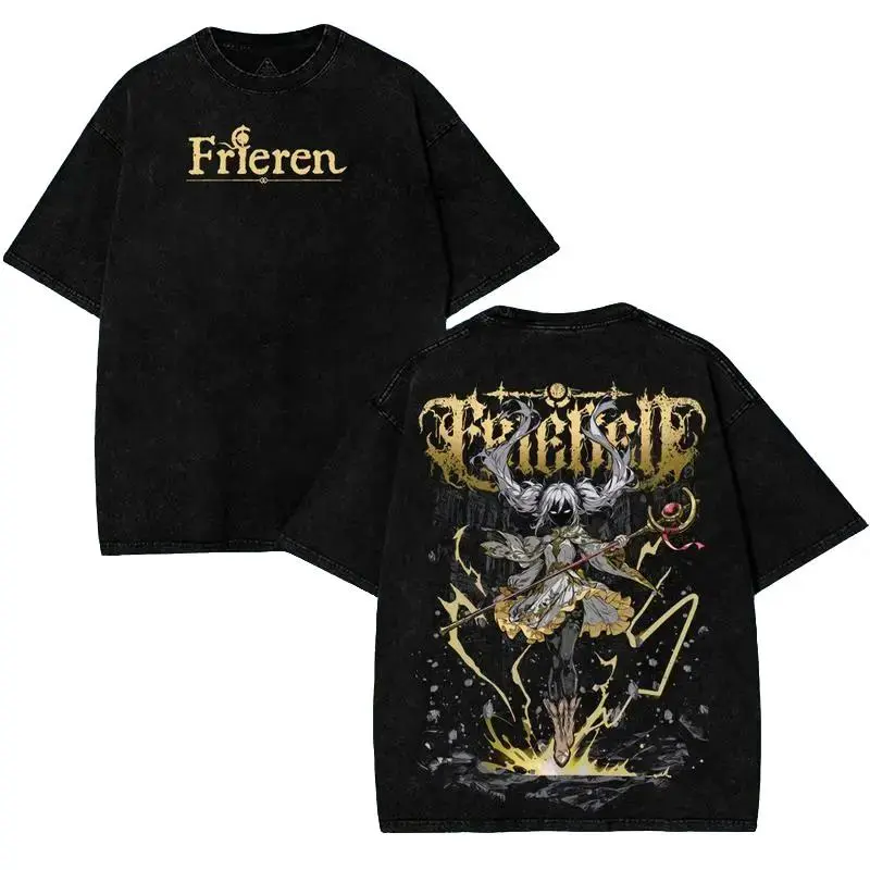 Men's Frieren Beyond Journey's End Wizard Magic v8 Graphic Print T-Shirt - Crew Neck, Kangaroo Pockets, Wash Effect, Unisex Look, Relaxed Fit, Premium Cotton, Affordable Menswear Casual Top