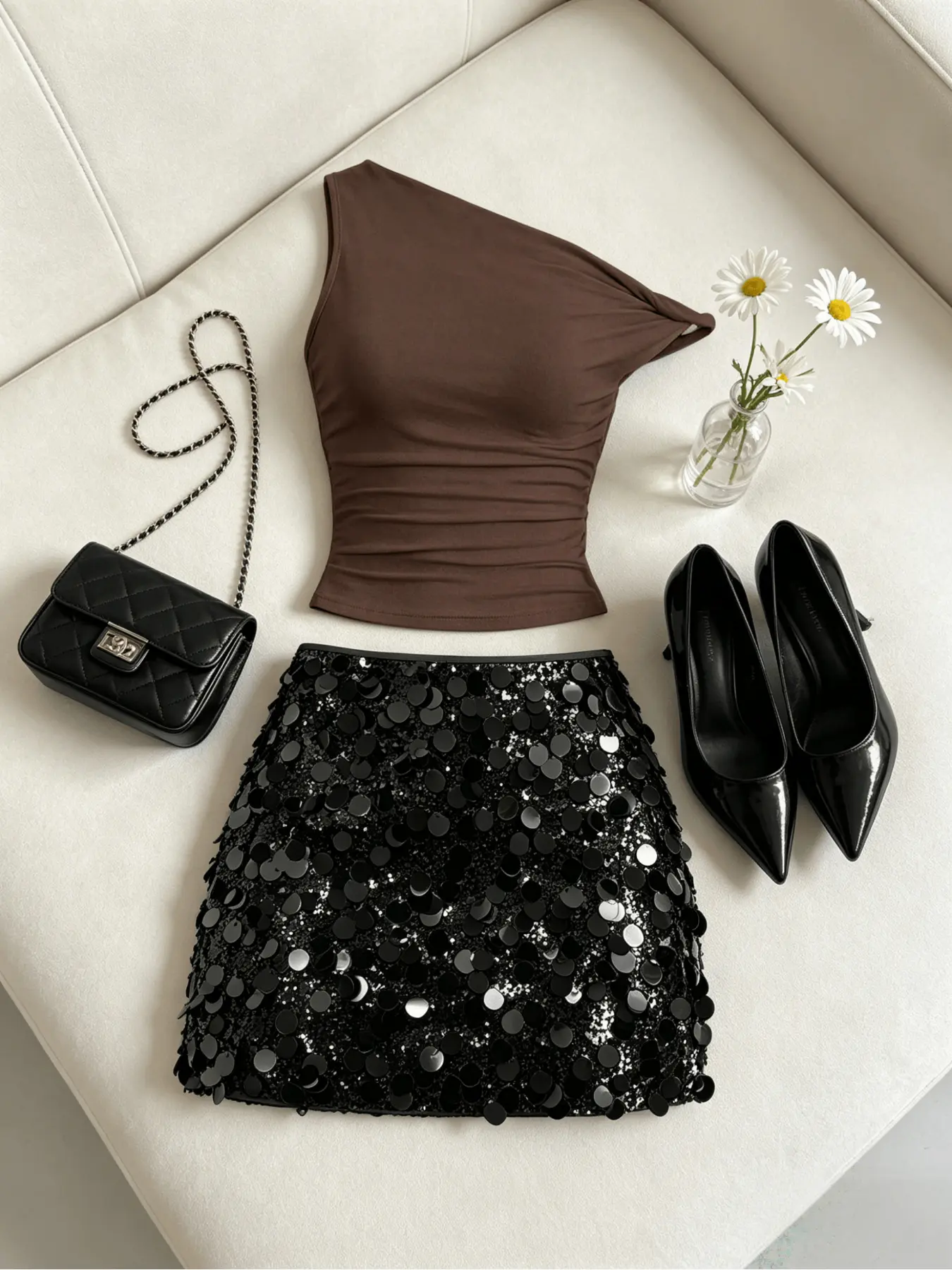 Summer New Arrival Y2K Spice Girl Ruched Two-Piece Women Outfit, One-Shoulder Cami Tank Top + Sequin Bodycon Mini Skirt, Slim Fit & Figure-Hugging Design, Perfect for Party, Club Gathering, Office Commute, Date & Outdoor Trip, Sexy European American Style