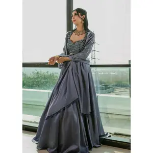Blue satin lehenga set