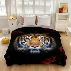 1 piece of black background tiger and red rose themed blanket, realistic tiger head, with red rose decorative pattern, soft and comfortable bedroom, living room sofa cover blanket for boys and girls, camping blanket, Throw Blankets