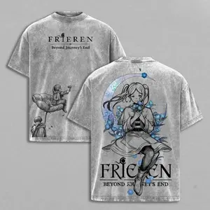 Menswear Unisex Frieren Beyond Journey’s End Short-Sleeve Classic Ribbed Seamless T-Shirt Set, Soft Stylish Casual T-Shirts, Vintage Washed Heavy Cotton Oversized Anime Manga Top, Retro Streetwear Graphic Tee (S-5XL) for Anime Lovers