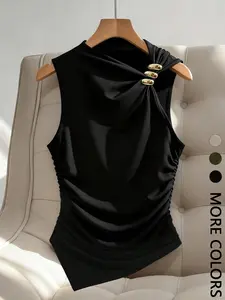 Women's Asymmetric-Hem Gold-Accent Top, Sleeveless Ruched Solid Fit Knit Tank, Womenswear, Ideal for Casual Gatherings/Weekend Hangouts/Everyday Wear
