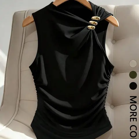 Women's Asymmetric-Hem Gold-Accent Top, Sleeveless Ruched Solid Fit Knit Tank, Elegant Sleeveless Cami, Casual Sleeveless Tops, Womenswear, Ideal for Casual Gatherings/Weekend Hangouts/Everyday Wear