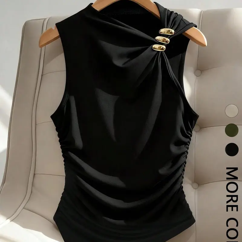 Women's Asymmetric-Hem Gold-Accent Top, Sleeveless Ruched Solid Fit Knit Tank, Elegant Sleeveless Cami, Casual Sleeveless Tops, Womenswear, Ideal for Casual Gatherings/Weekend Hangouts/Everyday Wear