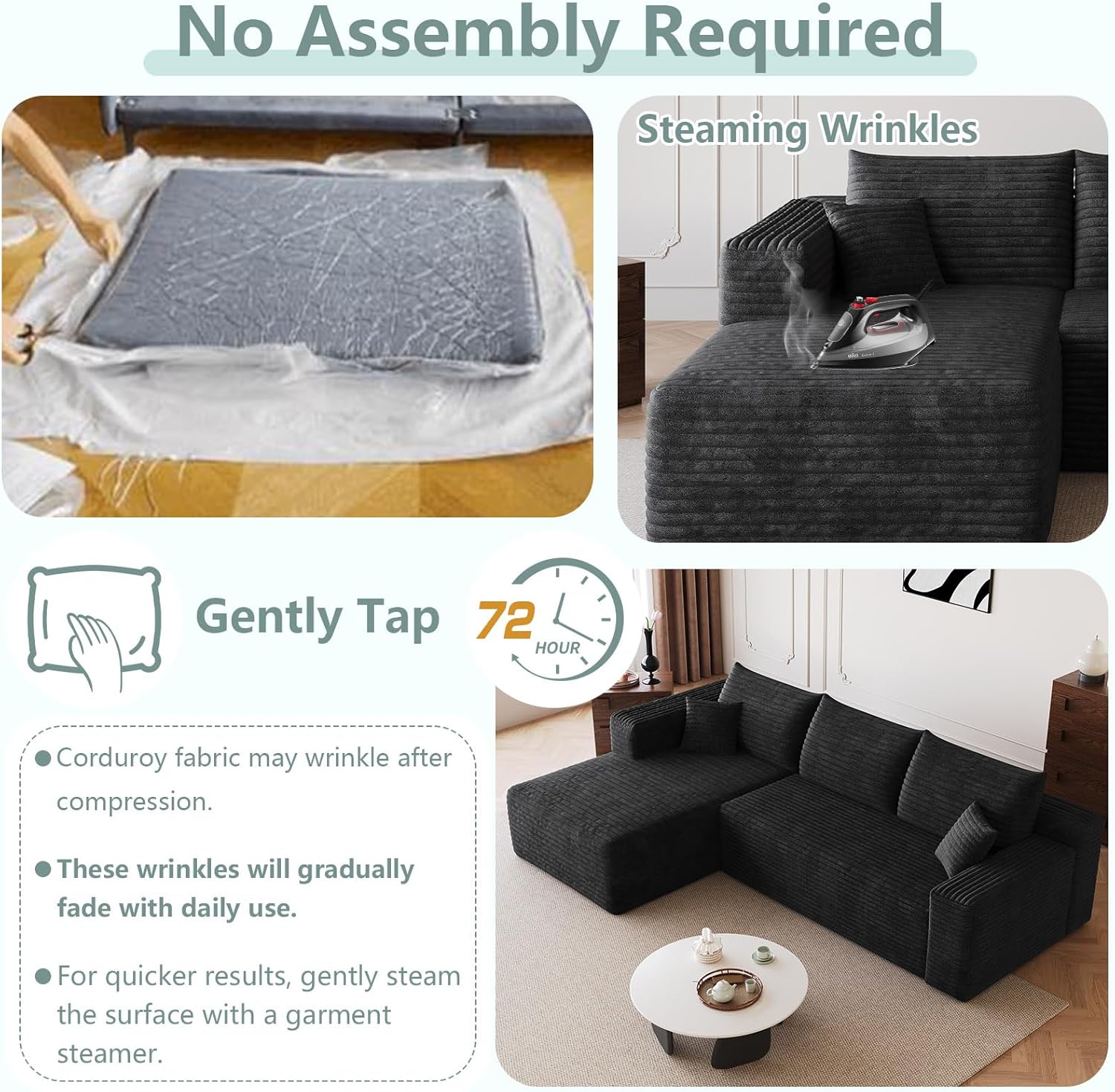 94" Modular Sectional Sofa Couch, Modern Corduroy Cloud Couch, Boneless Couch Upholstered 3-Seater L-Shaped Sofa for Living Room, No Assembly Required (Black,Left-Facing Chaise)