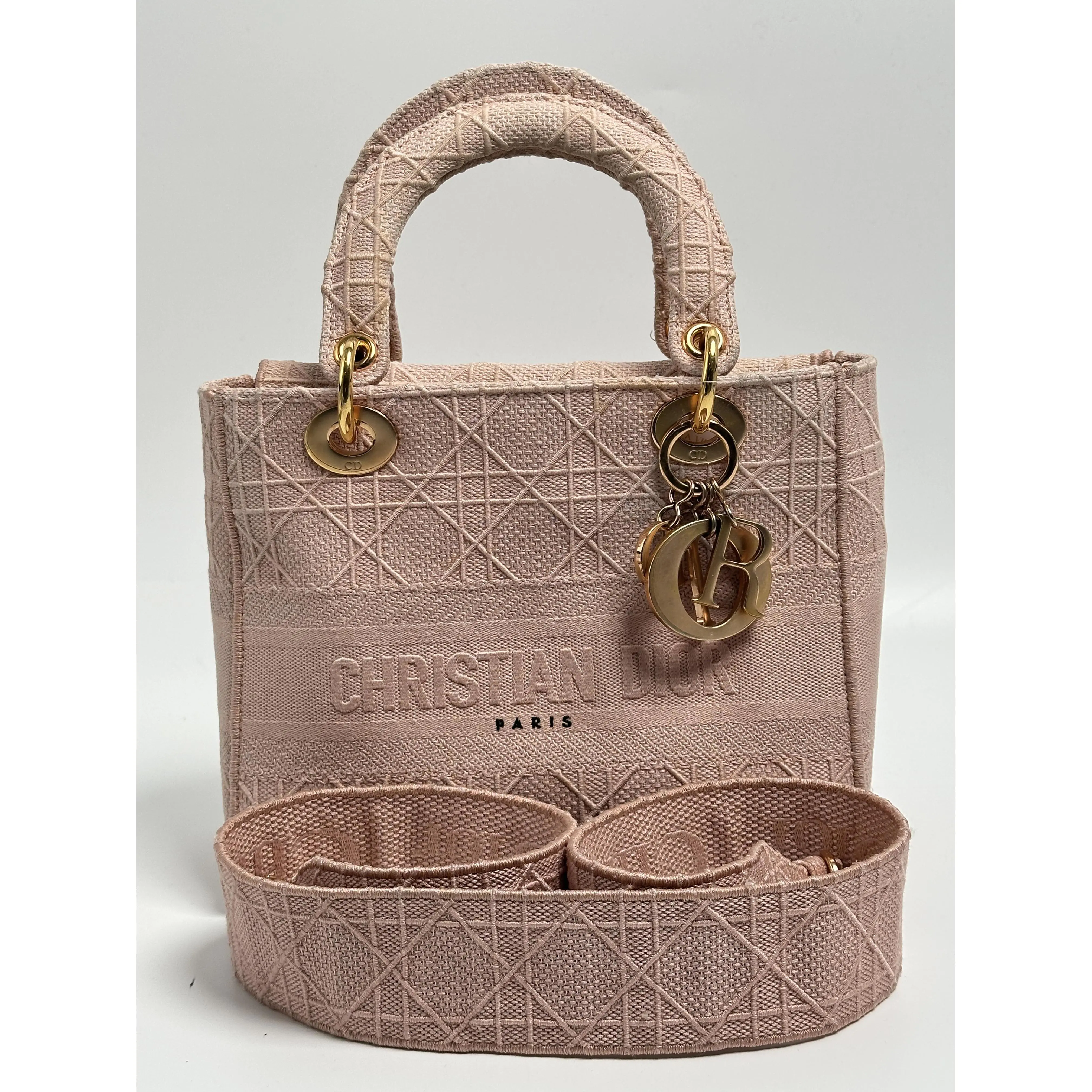 Pre-owned Dior Canvas Tote Bags Christian Cannage Embroidered Medium Lady D Lite Bag Pink Handle Handbag ZS009CD