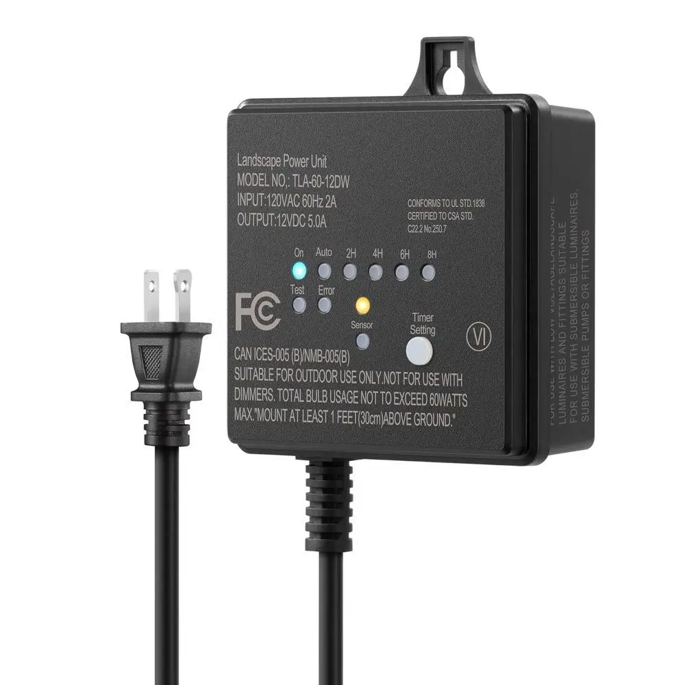 60W 120V AC to 12V DC Outdoor Low Voltage Transformer - ETL Listed, Weatherproof, with Countdown Timer, Dusk to Dawn Sensor, for Garage Lights, Spotlights, Deck Lights (Outdoor Use Only)