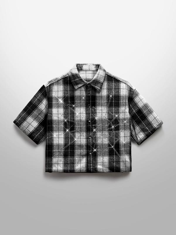 Men's Street Style Crystal Spider Web Plaid Short Sleeve Woven Shirt Men's Street Style Crystal Spider Web Plaid Short Sleeve Woven Shirt