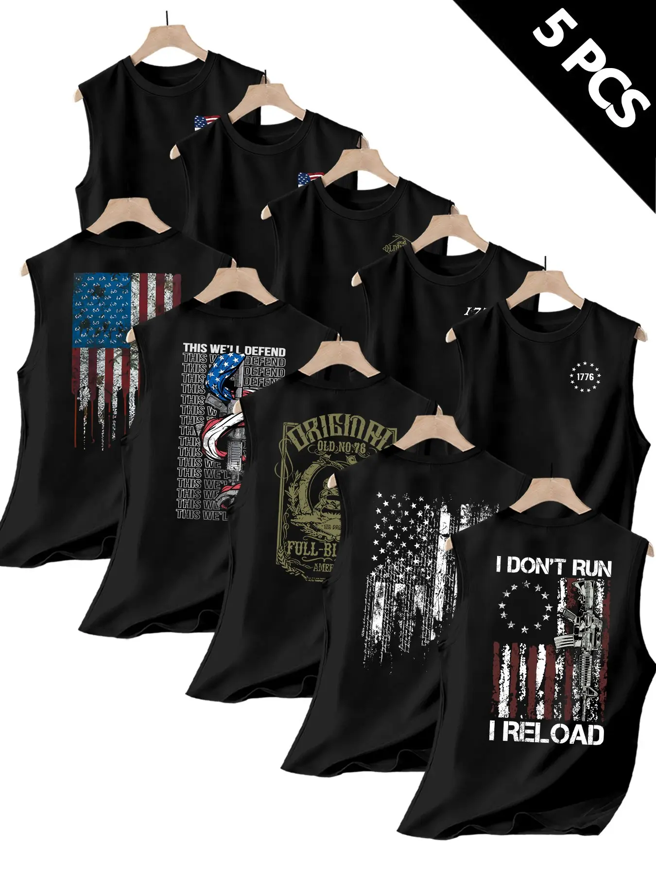 Men's 5-Pack Summer Round Neck Sleeveless T-Shirts, Trendy Flag Print Design, Street Style Casual Fashion Wear, Streetwear, Casual Summer Clothes, Perfect for Daily, Menswear