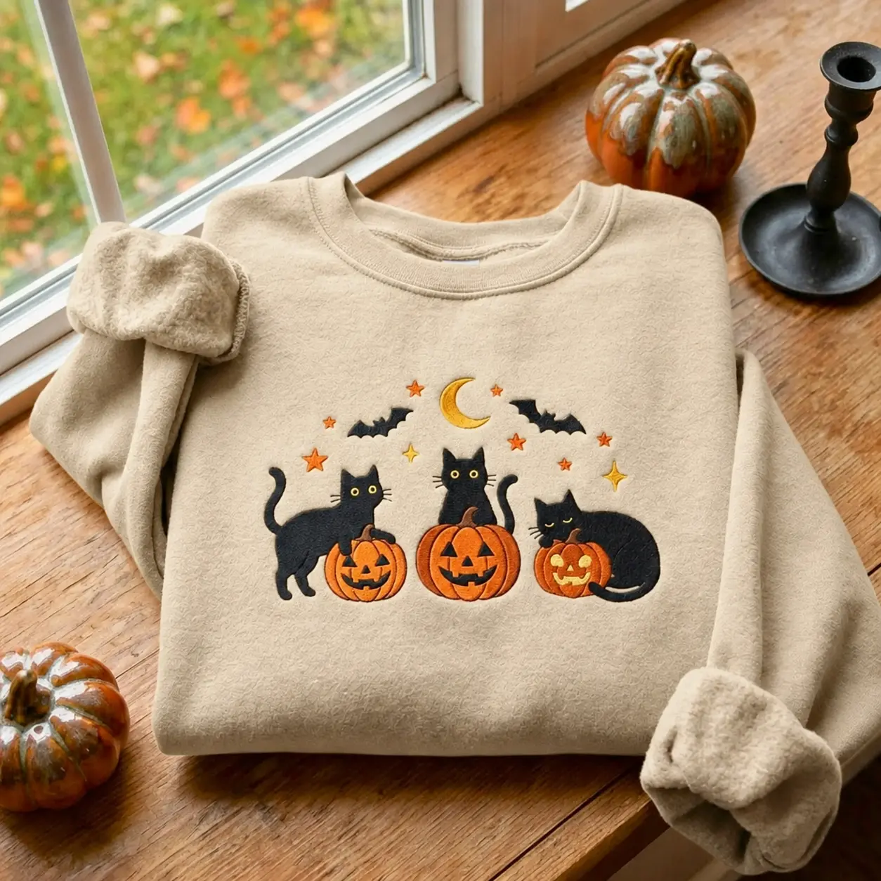 (MAKE IN US) Embroidered Black Cats Pumpkin Sweatshirt, Spooky Halloween Crewneck, Cute Autumn Embroidered Sweater, Halloween Cat Sweatshirt, Cozy Fall Gift
