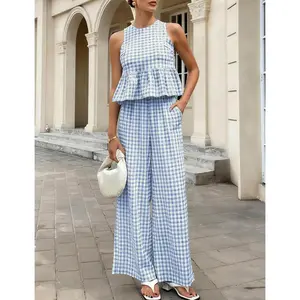 Womens 2 Piece Outfits Sets Gingham Plaid Sleeveless Ruffle Tank Tops and Wide Leg Pants Summer Matching Lounge Sets (Blue-L)
