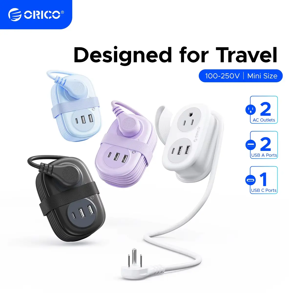 ORICO Mini Power Strip Travel Plug Adapter, 3.7FT Extension Cord with 2 AC Outlets, 3 USB Ports (1 USB-C), Flat Plug for Travel, Office, AP3-2A2U1C Socket Holder Multifunctional Power Strip