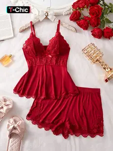 Women's Solid/Leopard Print Cami Top & Lace Trim Shorts Pyjama Two-piece Set, Casual Comfy Fitted Camisole & Shorts PJ Set, Ladies Sleepwear for All Seasons