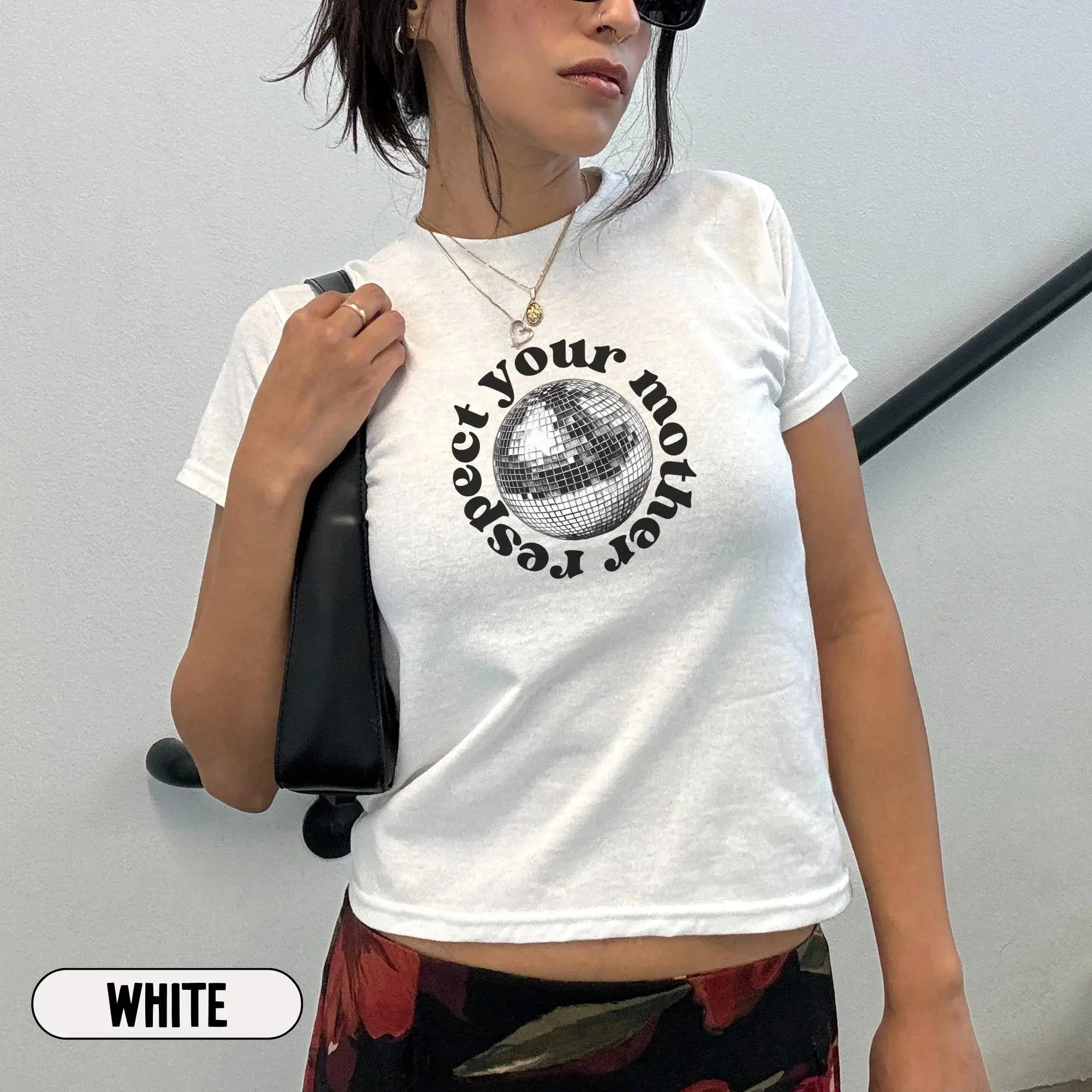 Disco Ball Respect Your Mother Baby Tee Women Shirt Y2K Concert Outfit Crop Top Retro Disco Aesthetic Trendy Mirrorball Graphic T Shirt