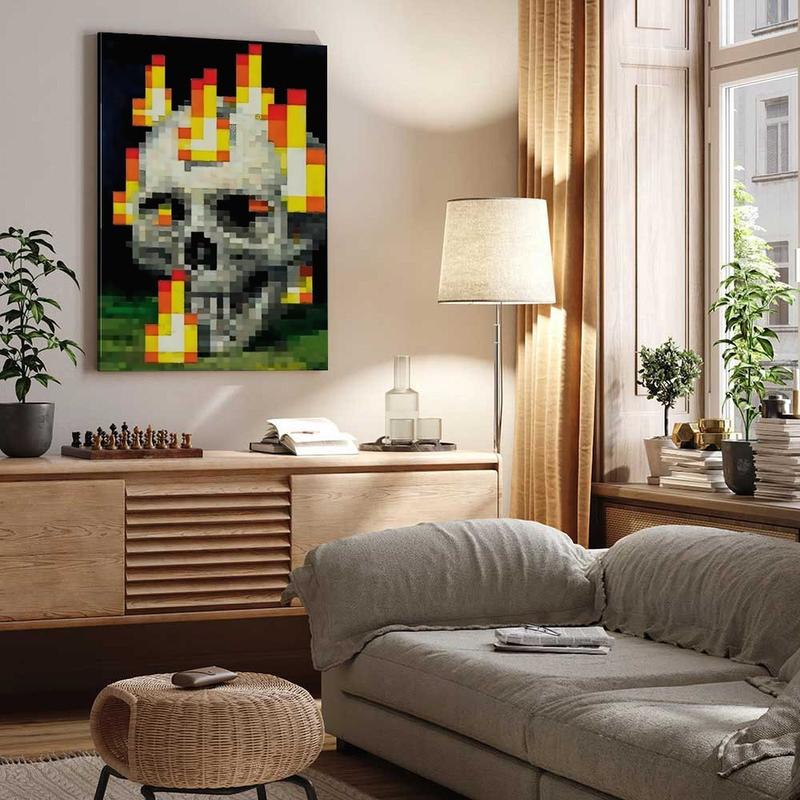 Vivid Pixel Skull Flame Canvas Poster, Art Decor Style, Indoor Wall Art, Posters And Prints, Suitable As Art Wall Painting for Bedroom, Office, Living Room, Cafe