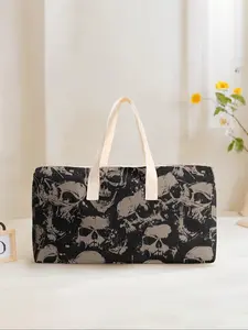 Large Capacity Corduroy Travel Fashionable Duffel Bag, Skull Print Casual Weekender Bag, Perfect for Weekend Getaways & Daily Commuting, Travel Duffle Bag
