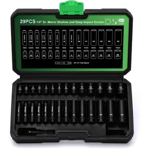 29 count 1/4-Inch Drive Shallow and Deep 12-Point Impact Socket Set, CR-V, 4-15mm Metric, 1/4"-1/4" Drill Adapter
