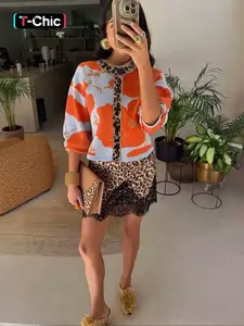 Women's Fall Winter Fashion Series, Casual Beach Commuter Home Wear, Floral Jacquard Contrast Design, Leopard Print Cardigan, Lightweight Slim Fit Sweater, Fitted Knitwear, Tops, Womenswear