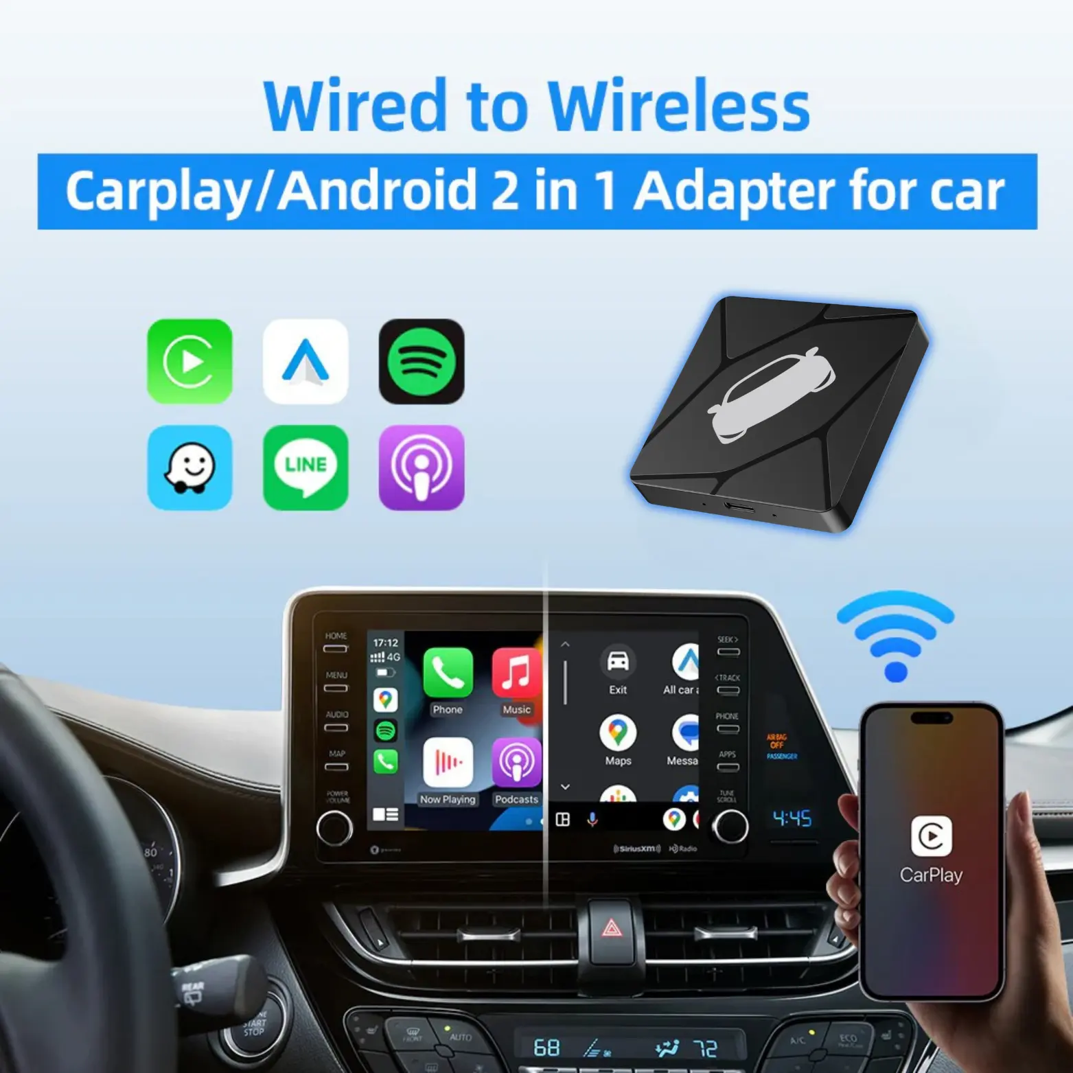 Binize 2-in-1 Wireless CarPlay & Android Auto Adapter, Touchscreen Wireless CarPlay Stereo for Factory Cars with OEM Wired Connectivity, Car Video Player