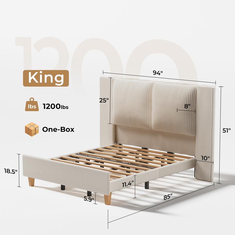 【Holiday Haul】King Size Upholstered Bed Frame girl with 51" Tall Headboard, Platform Bed with Widened Corduroy Cushion, Easy Assembly, No Box Spring Needed, cozy bed frame