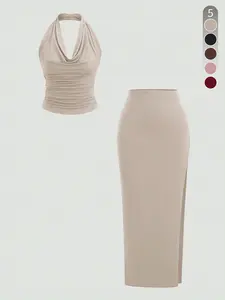 Two-piece Set Women's Solid Color Halter Neck Top & Skirt, Casual Basic Fashion Cozy Two-piece for Daily Outdoor Wear, Ladies Clothes for Summer, Womenswear, Clothing