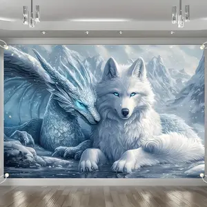 Ice Dragon White Wolf Backdrop Banner, Fantasy Wildlife Snowy Mountain Wall Hanging, Durable Polyester Fabric Art Decor,Reusable Easy to Clean, Perfect for Bedroom Decor, Man Cave, Fantasy Theme Party,Spiritual Gift,Photo Shoot,Gift for Fantasy Enthusiast
