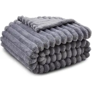Super Soft Queen Blanket for Bed, Flannel Fleece with 3D Striped, Lightweight and Cozy for Living Room, and All-Season Use, 90x90 Inches.Light Grey