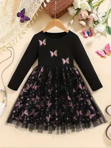 Elegant Round Neck Long Sleeve Butterfly Print Bell Dress, Knee-Length, Mesh, Suitable for Children, Spring & Fall, Spring Dresses