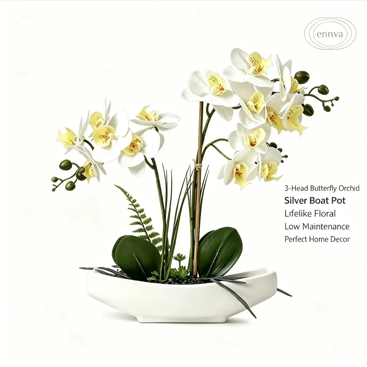 Ennva Hyperrealism 18in Fade-Resistant White Silk Artificial Orchid Bouquet, Decorative Tabletop Ornament with Ceramic Pot, Ideal for Home Office Decor & Housewarming Gifts