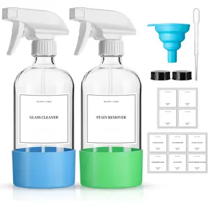 2 Pack Glass Spray Bottles with  Sleeve,16oz Clear Glass Spray Bottles Refillable Empty Bottle with Adjustable Nozzle,Spray Bottle for Essential Oils,Cleaning Solutions,Pets,Hair