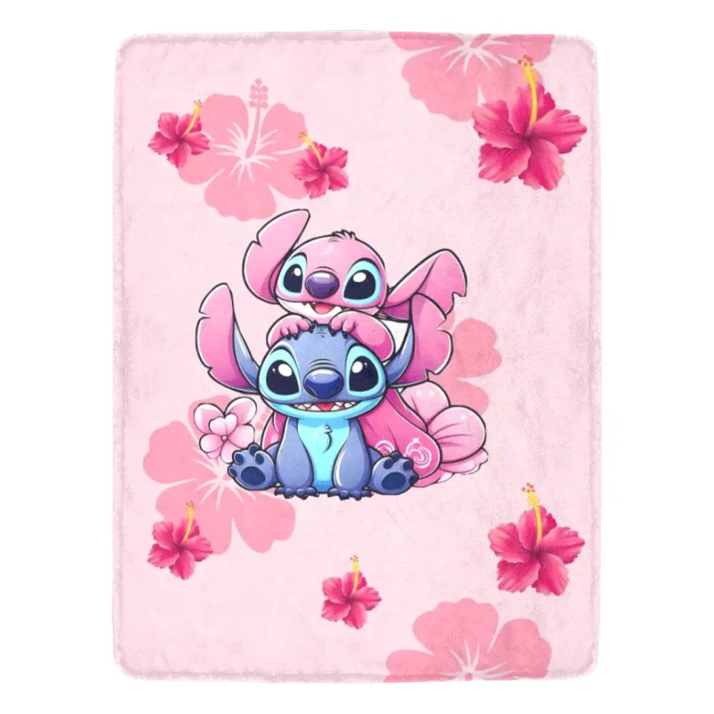 [SummerVibes] DISNEY CLASSIC Stitch & Lilo Floral Fleece Blanket - Ultra-Soft, All-Season Comfort for Bedroom, Living Room, Sofa, Office, Travel, Camping, Cute Blanket