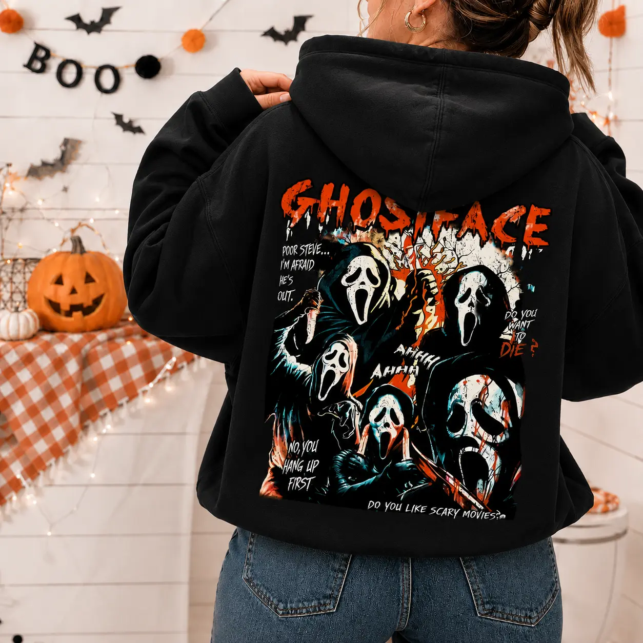 Scream Ghostface Shirt, Woodsboro Sweatshirt, Halloween Horror Fan Gift, Halloween Arm to Arm Hoodie, Gothic Horror Arm to Arm Woodsboro