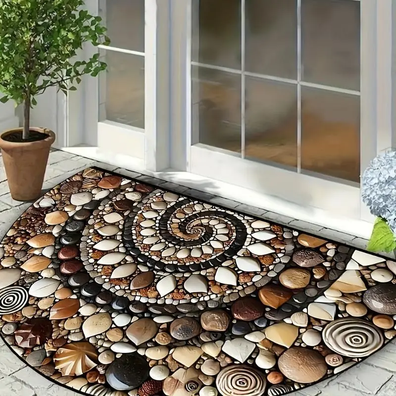 Rain Flower Stone Pebble Printed Welcome Mat - Non-slip, Easy to Clean, Semi-circular Doormat for Indoor/Outdoor Use - Great for Entryway, Kitchen, Bathroom, Patio, Balcony Decoration Decorative Rugs Boho Area Rug