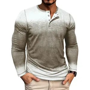 Men's Long Sleeve Henley Shirt, Gradient Color Design with Button Placket, Casual Slim Fit Top for Daily and Outdoor Wear
