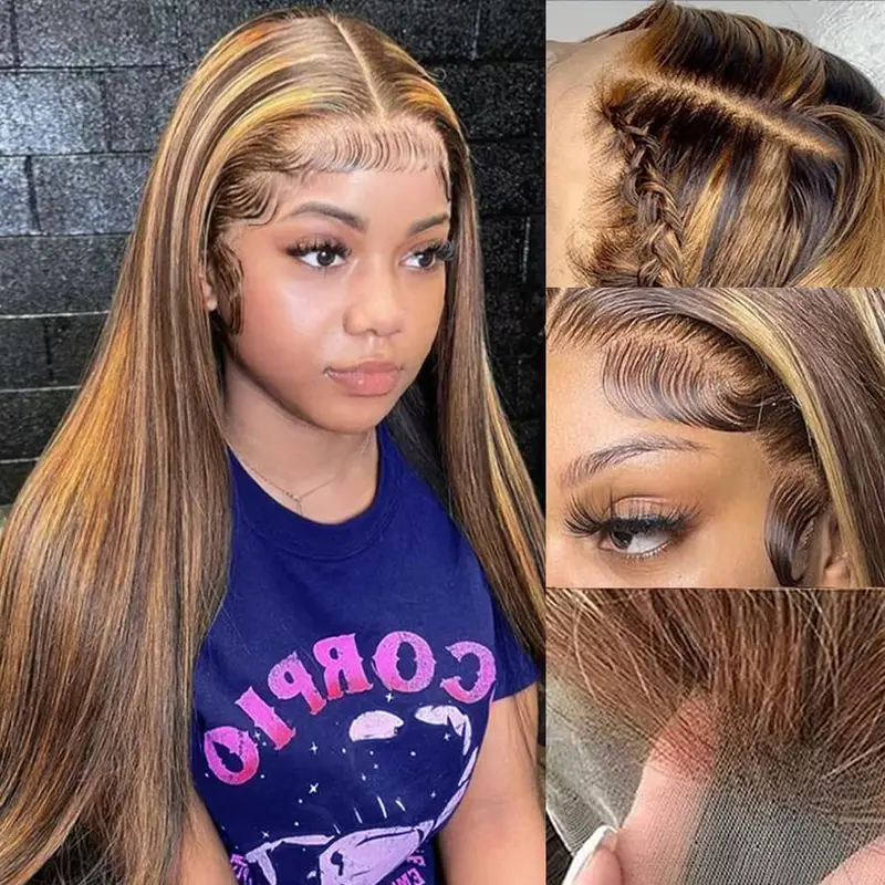 Highlight Ombre 13x6 Lace Front Wig Human Hair 180% Ombre Straight Wig 13x4 Highlight Honey Blonde Lace Front Wig Human Hair