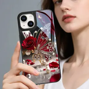 Luxurious red rose jewelry butterfly Pattern Glass Phone Case Compatible With iPhone16 Pro Max 15 14 PLUS 13 12 11 17 air Air Non-Slip Lightweight Unisex Phone Case,creative design phone case Smartphone Cellphone