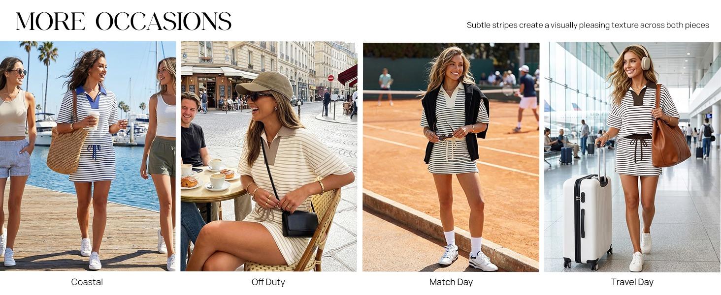 MEROKEETY Women's Striped 2 Piece Outfits Casual Skirt Set Workout Short Sleeve Polo Shirt Skort Matching Lounge Sets
