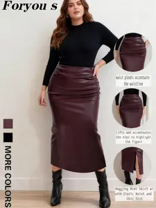 Women's Plus Size Plain PU Leather Short Skirt, Slim Fit Split Hem Bodycon Fashion Casual Midi Skirt for All Seasons