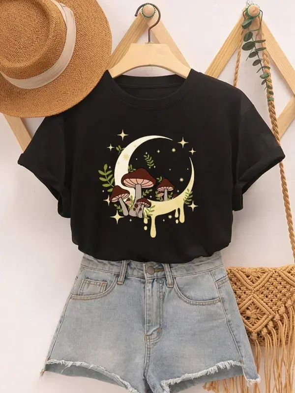 Women's Moon & Mushroom Print Short Sleeve Tee, Summer Clothes Women, Casual Graphic Round Neck T-Shirt for Summer, Women's Top for Daily Wear