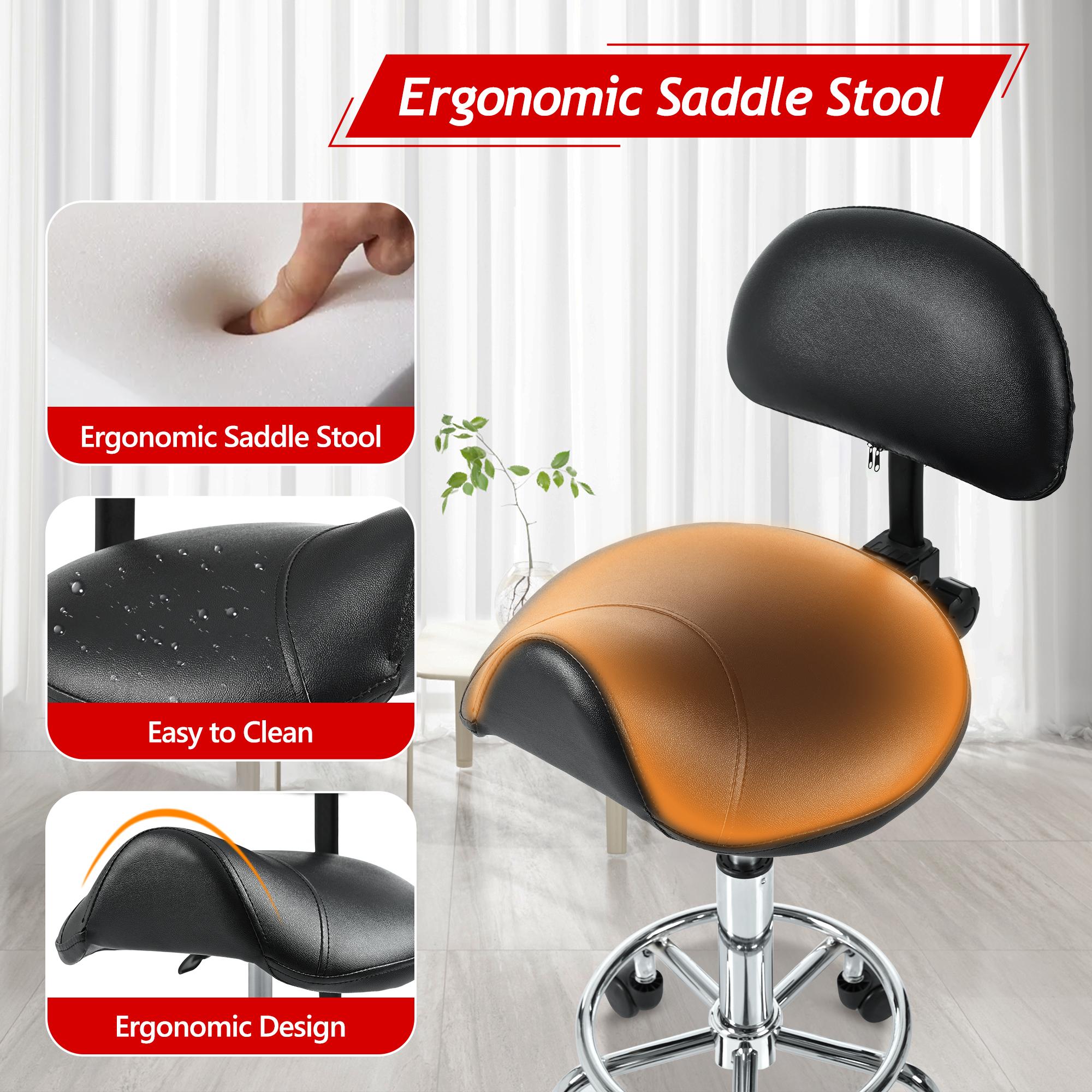 Saddle Stool with Back Support, Rolling Stools with Foot Rest, Ergonomic Adjustable Stool with Wheels, Backrest Adjustable Height & Angle for Salon Spa Tattoo Massage Swivel Stool Chair