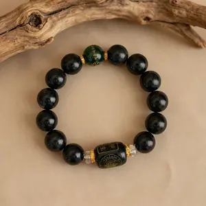 Unisex beaded bracelet featuring the Eight Trigrams protective deity for peace and prosperity, attracting wealth and blessings.