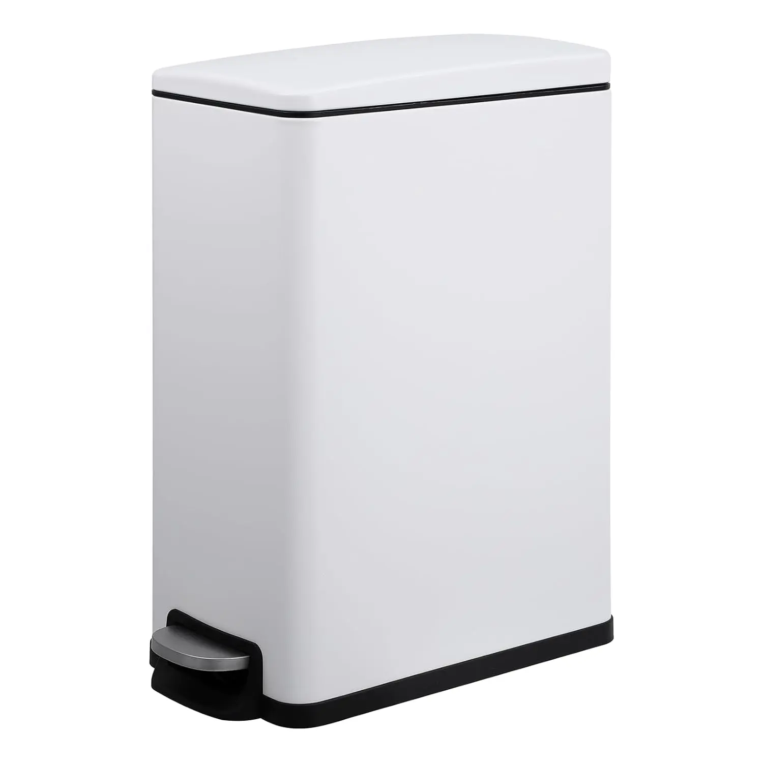 12 Gallon Slim Stainless Steel Kitchen Trash Can – Space-Saving Step-On Recycling Bin with Soft Close Lid, Removable Inner Bucket,Dog Proof for Home, White