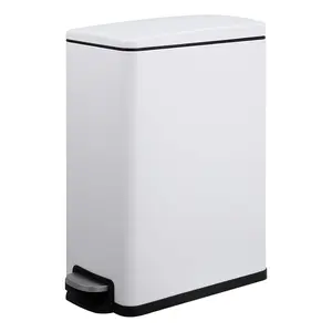 12 Gallon Slim Stainless Steel Kitchen Trash Can – Space-Saving Step-On Recycling Bin with Soft Close Lid, Removable Inner Bucket,Dog Proof for Home, White